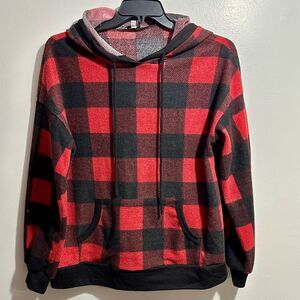 Red and Black Plaid Buffalo Check Lightweight White Birch Hoodie (962)